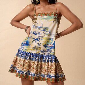 Multicolor Boho Women's Resort Ruffled Hem Spaghetti Strap Tropical Print Dress